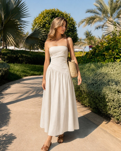 White Strapless Linen Maxi Dress with Smocked Bodice, Tropical Resort Dress, Beach Vacation Summer Outfit