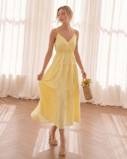 Linen Maxi Dress with Spaghetti Straps, V Neck, Elastic Waist and Tiered Skirt for Summer Vacation