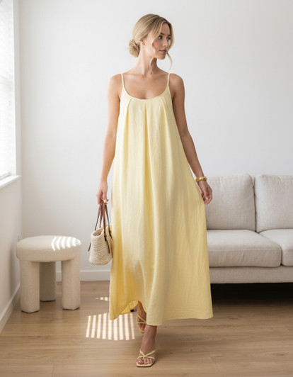 Casual Linen Maxi Dress with Spaghetti Straps, Scoop Neck and Back Tie Waist for Summer Vacation