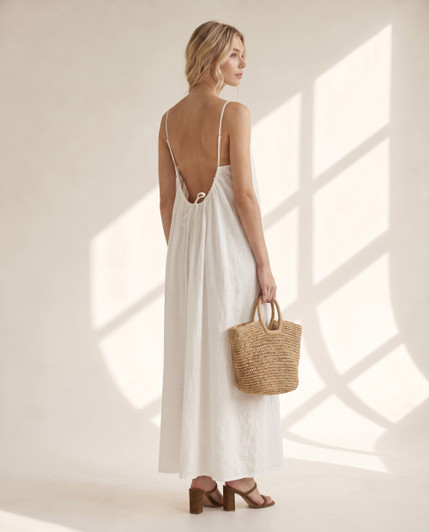 White Linen Maxi Dress with Adjustable Spaghetti Straps, Gathered Neckline and Low Back for Beach Vacation