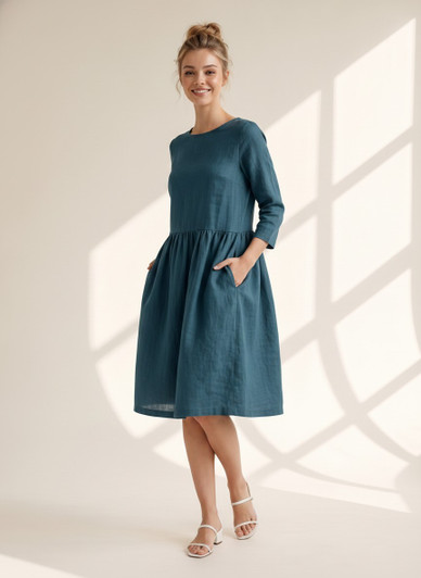 Linen Midi Dress with Pockets, Three Quarter Sleeves and Flowy Gathered Skirt for Vacation, Linen Casual Outfit