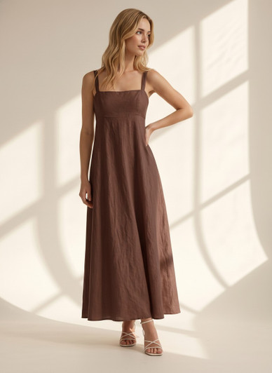 Chocolate Brown Linen Maxi Dress with Square Neckline, Adjustable Straps and Flowy A Line Skirt for Summer Vacation