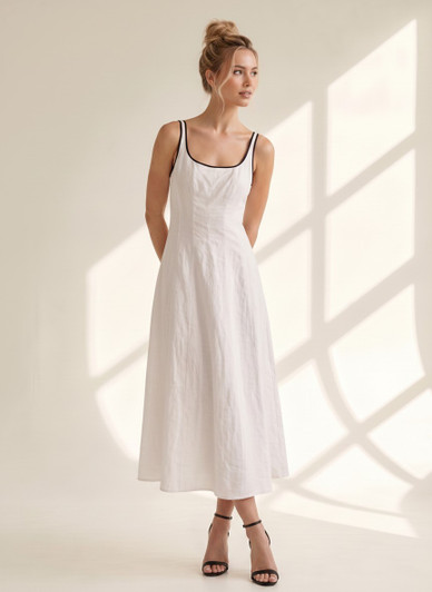 Linen Maxi Sundress with Contrast Black Straps, Soft Scoop Neck and Relaxed Flowy Skirt for Vacation