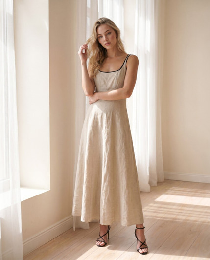 Natural Linen Maxi Dress with Black Spaghetti Straps, Scoop Neckline and Flowy A Line Skirt for Summer Resort
