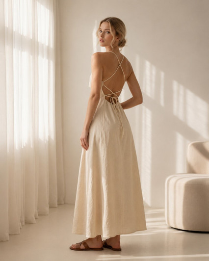 Natural Linen Midi Dress with Spaghetti Straps, Open Lace Up Back and Flowy A Line Skirt for Summer Vacation