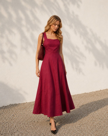 Linen Maxi Dress, Sleeveless Square Neck Dress with Pockets for Summer Vacation and Resort Wear