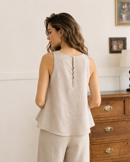 Natural Linen Two Piece Set, Sleeveless Top and Wide Leg Pants with Back Button Detail for Summer Resort Wear