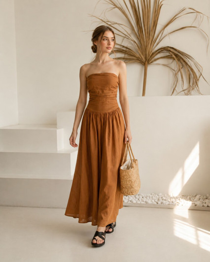 Linen Maxi Dress, Strapless Smocked Back Dress with Gathered Skirt for Resort Vacation Brunch
