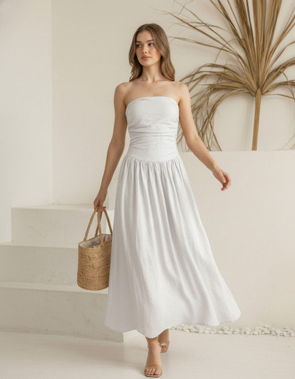 Linen Strapless Maxi Dress, Smocked Back A Line Sundress, Elegant Summer Dress for Beach Vacation Resort