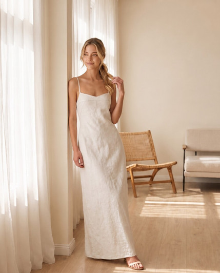 Linen Spaghetti Strap Maxi Dress, Minimal Fitted Slip Dress for Bridal Shower Beach Vacation Wedding