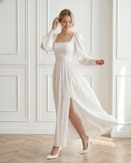 Linen Maxi Dress, Square Neck Puff Sleeve Dress with Lace Up Back and Side Slit for Bridal Shower Wedding