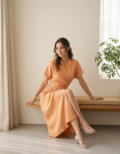 Linen Kimono Wrap Dress, Tie Waist Midi Dress with Side Slit for Resort Vacation Summer