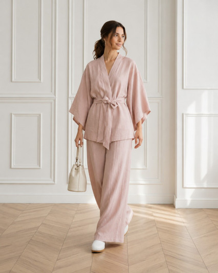 Linen Two Piece Set, Kimono Wrap Top and Wide Leg Pants, Relaxed Summer Outfit for Vacation Brunch