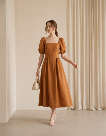 Linen Puff Sleeve Midi Dress, Square Neck Open Back Dress with Bow Tie for Wedding Guest Vacation Brunch