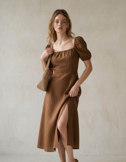 Linen Puff Sleeve Midi Dress, Square Neck Smocked Back Dress with Side Slit for Vacation Bridal Shower