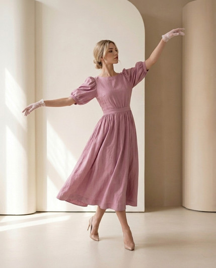 Cottagecore Linen Midi Dress, Short Puff Sleeve Dress with Gathered Skirt, Elegant Summer Dress for Wedding Guest Brunch
