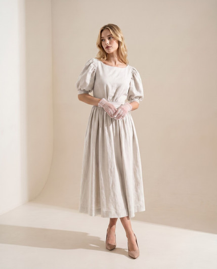 Linen Midi Dress, Puff Sleeve Round Neck Dress with Fitted Bodice, Romantic Garden Party Dress