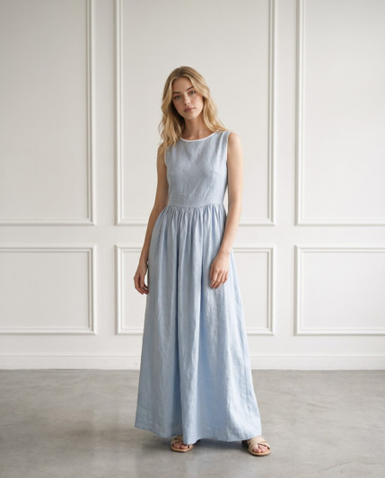 Linen Sleeveless Maxi Dress, High Neck Flowy Sundress with White Piping for Brunch Beach Wedding