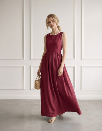 Linen Maxi Dress, Sleeveless High Neck Dress with Contrast Trim, Elegant Summer Dress for Wedding Guest