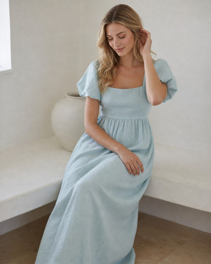 Linen Maxi Dress, Square Neck Puff Sleeve Sundress, Flowy Summer Dress for Garden Party Vacation