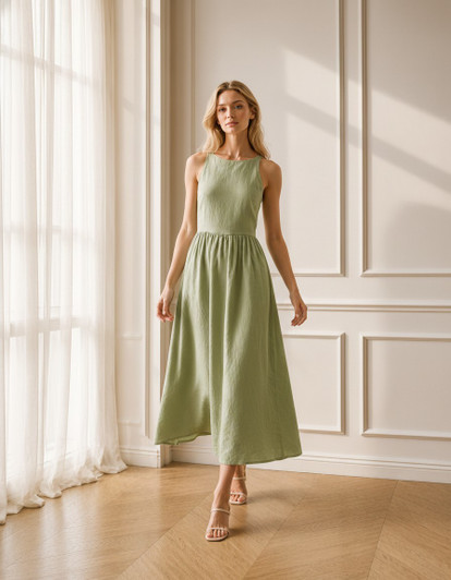 Natural Linen Sleeveless Maxi Dress, Natural A Line Sundress with Fitted Bodice for Garden Party Vacation