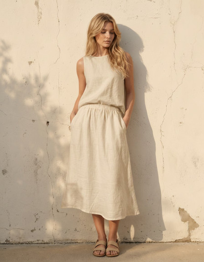 Natural Linen Two Piece Set, Sleeveless Top and Midi Skirt Set, Minimal Summer Outfit for Vacation Brunch Everyday Wear