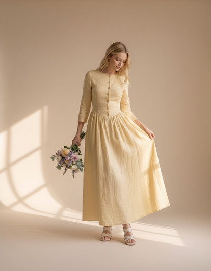 Natural Linen Maxi Dress, Long Sleeve Button Front Dress, Romantic Garden Wedding Bridal Shower Dress