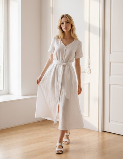 White Linen Midi Dress, V Neck Button Front Dress with Waist Tie, Short Sleeve Summer Dress for Vacation Brunch