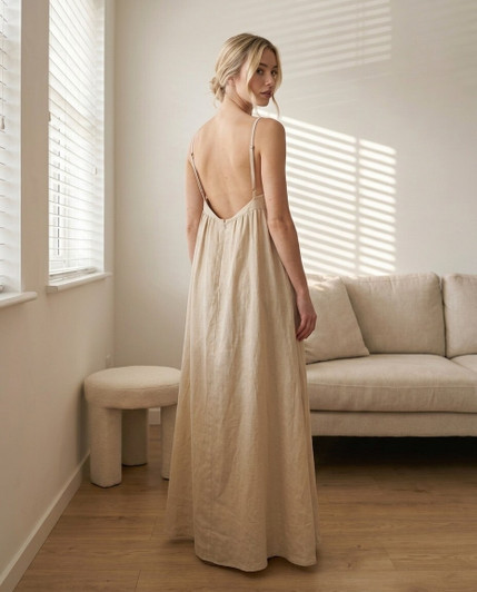 Natural Linen Maxi Dress, Spaghetti Strap Low Back Sundress, Beige Flowy Summer Dress for Vacation Beach Wedding