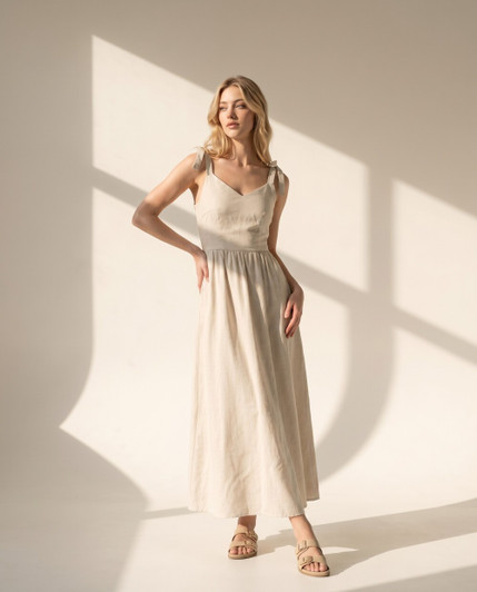 Natural Linen Smocked Back Maxi Dress, Tie Shoulder Straps, Sweetheart Neck Summer Dress for Bridal Shower Vacation
