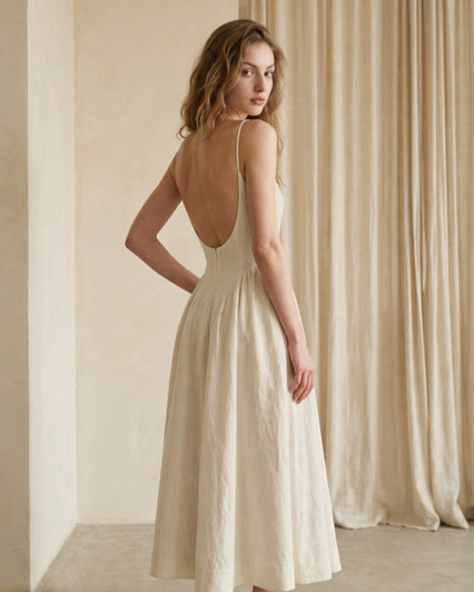 Natural Linen Midi Dress, Spaghetti Strap Open Back Dress, Square Neck A Line Dress, Minimalist Vacation Outfit