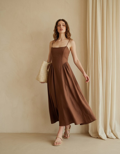 Natural Linen Sundress, Open Back Midi Dress, Minimalist Spaghetti Strap Dress, Elegant Holiday Outfit