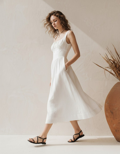 White Linen Midi Dress, Ruched Bust Sundress, Wide Strap Corset Waist Dress, Summer Vacation Dress, Bridal Shower Outfit