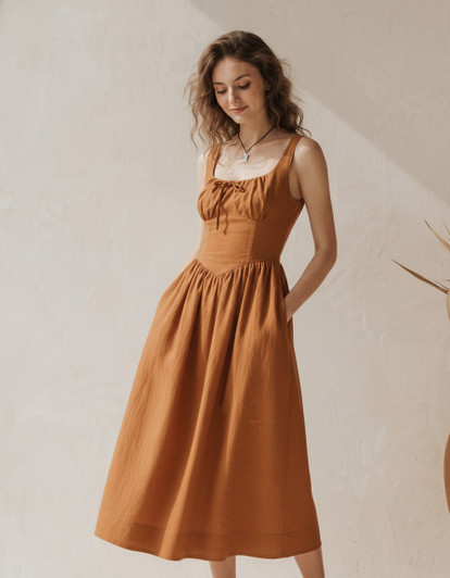 Minimalist Linen Dress, Square Neck Midi Dress with Pockets, Fitted Bodice Summer Dress, Resort Brunch Outfit