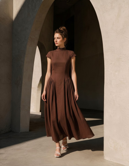 Linen Maxi Dress, High Neck Short Sleeve Dress, Tailored Bodice Flowy Skirt Dress, Quiet Luxury Day Look