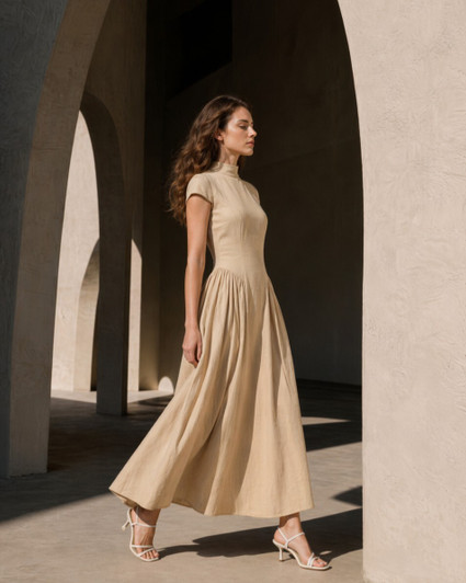 Natural Linen Maxi Dress, Mock Neck Cap Sleeve Dress, Fitted Waist Full Skirt Dress, Minimalist Wedding Guest Outfit
