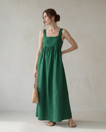 Linen Maxi Dress, Sleeveless Square Neck Dress with Scoop Back and Pockets, Minimalist Holiday Dress, Resort Look