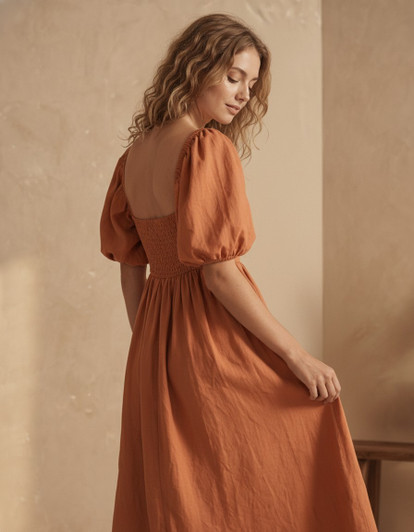 Linen Puff Sleeve Dress, Midi Empire Dress with Smocked Back, Romantic Cottagecore Dress, Brunch Vacation Look