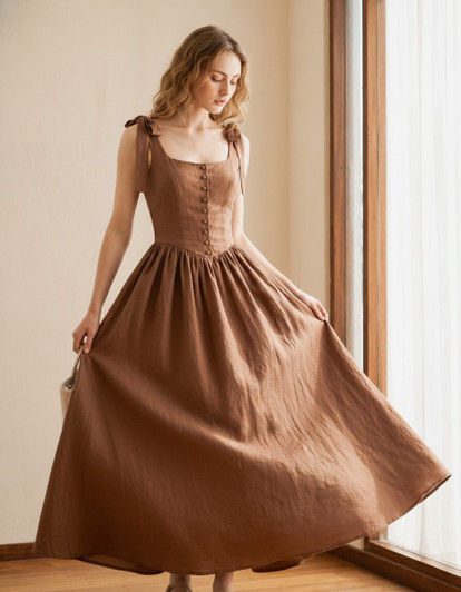 Linen Corset Maxi Dress, Bow Strap Button Front Dress, Low Back Romantic Dress, Vacation Engagement Outfit
