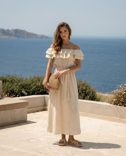 Linen Off Shoulder Maxi Dress, Ruffle Neck Belted Dress with Pockets, Beach Vacation Resort Outfit