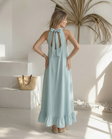 Linen Halter Maxi Dress, Open Back Bow Tie Dress with Ruffle Hem, Beach Vacation Bridal Shower Outfit