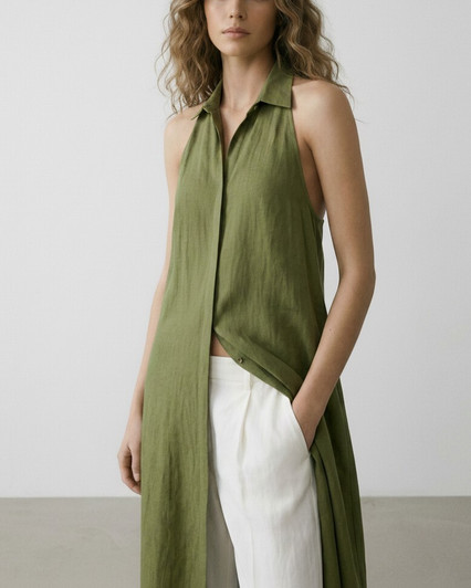 Linen Long Dress, Sleeveless Shirt Collar Maxi with Front Placket, Elegant Travel Brunch Holiday Outfit