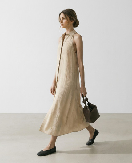 Linen Maxi Dress, Sleeveless Collared Dress with Hidden Button Front, Minimalist Resort Vacation Outfit