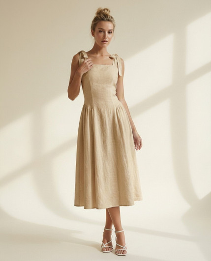 Linen Lace Up Back Dress, Bow Strap Square Neck Dress, Elegant Rehearsal Dinner Engagement Photo Outfit