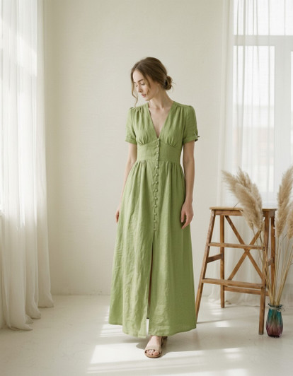 Romantic Linen Maxi Dress Button Front V Neck Dress Short Sleeve A Line Linen Dress Soft Pink Summer Dress