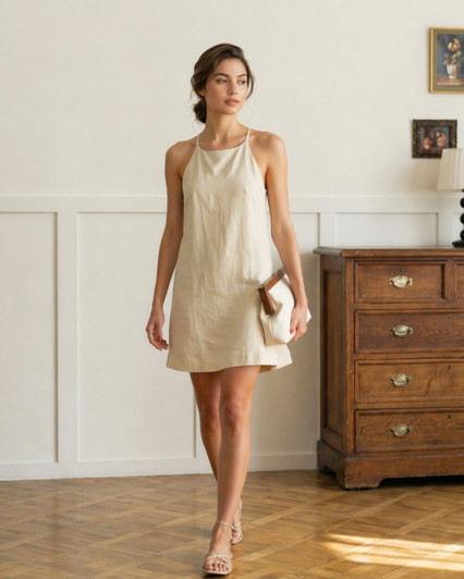 Minimal Linen Mini Dress Halter Neck Sleeveless Dress Keyhole Back A Line Linen Dress Everyday Summer Outfit