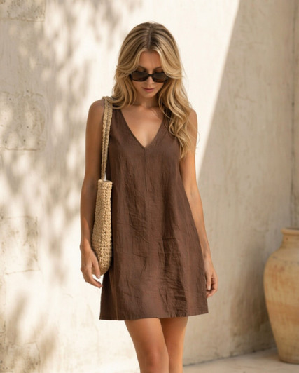 Brown Linen Mini Dress V Neck Sleeveless Dress A Line Linen Dress Loose Fit Summer Dress Minimalist Linen Outfit
