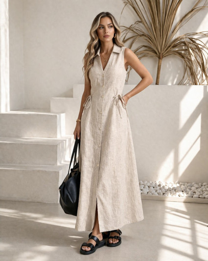 Linen Long Dress, Sleeveless Collared Dress, Button Down Linen Dress, Minimalist Summer Dress, Elegant Resort Wear Outfit
