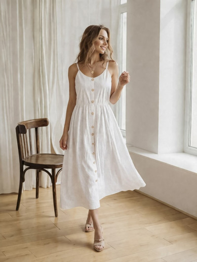 Linen Midi Dress, Spaghetti Strap Button Front Dress, Fit and Flare Linen Sundress, Feminine Summer Dress, Resort Vacation Outfit