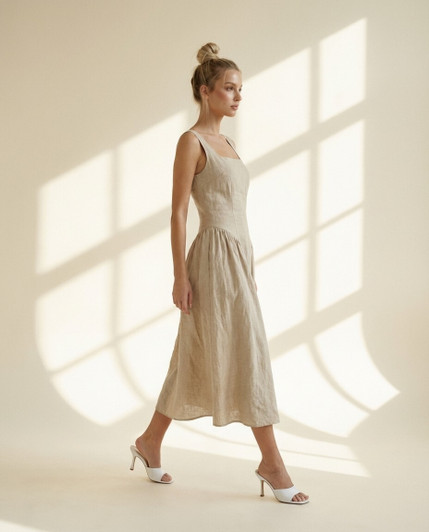 Linen Sundress, Sleeveless Midi Dress, Square Neck Dress with Lace Up Back, Feminine Linen Dress, Resort Summer Dress